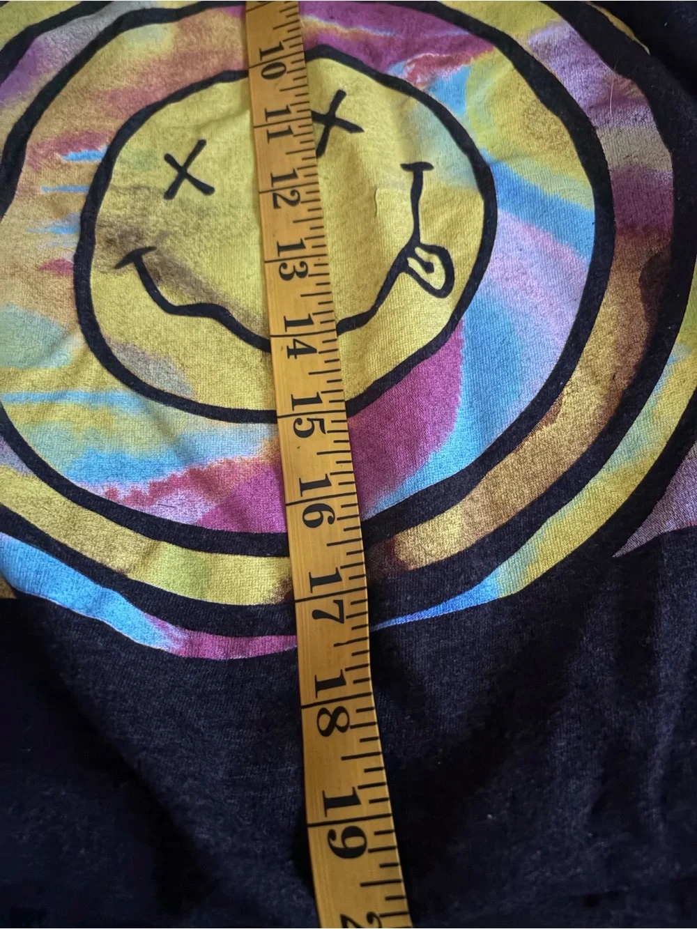NIRVANA Gray Tee with Yellow Logo and Multicolor Tie-Dye Smiley